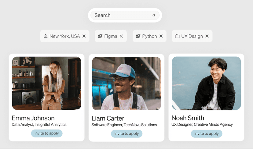 Explore the Vizzy talent pool, and invite people to apply to your jobs.